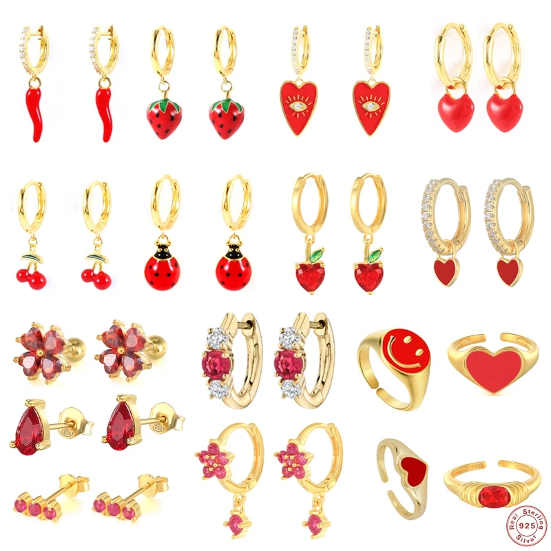 

S925 Sterling Silver Hoop Earrings Red Dripping Oil Aros melocoton Yin Chili Love Heart CZ Cartilage Earring For Women Jewerly