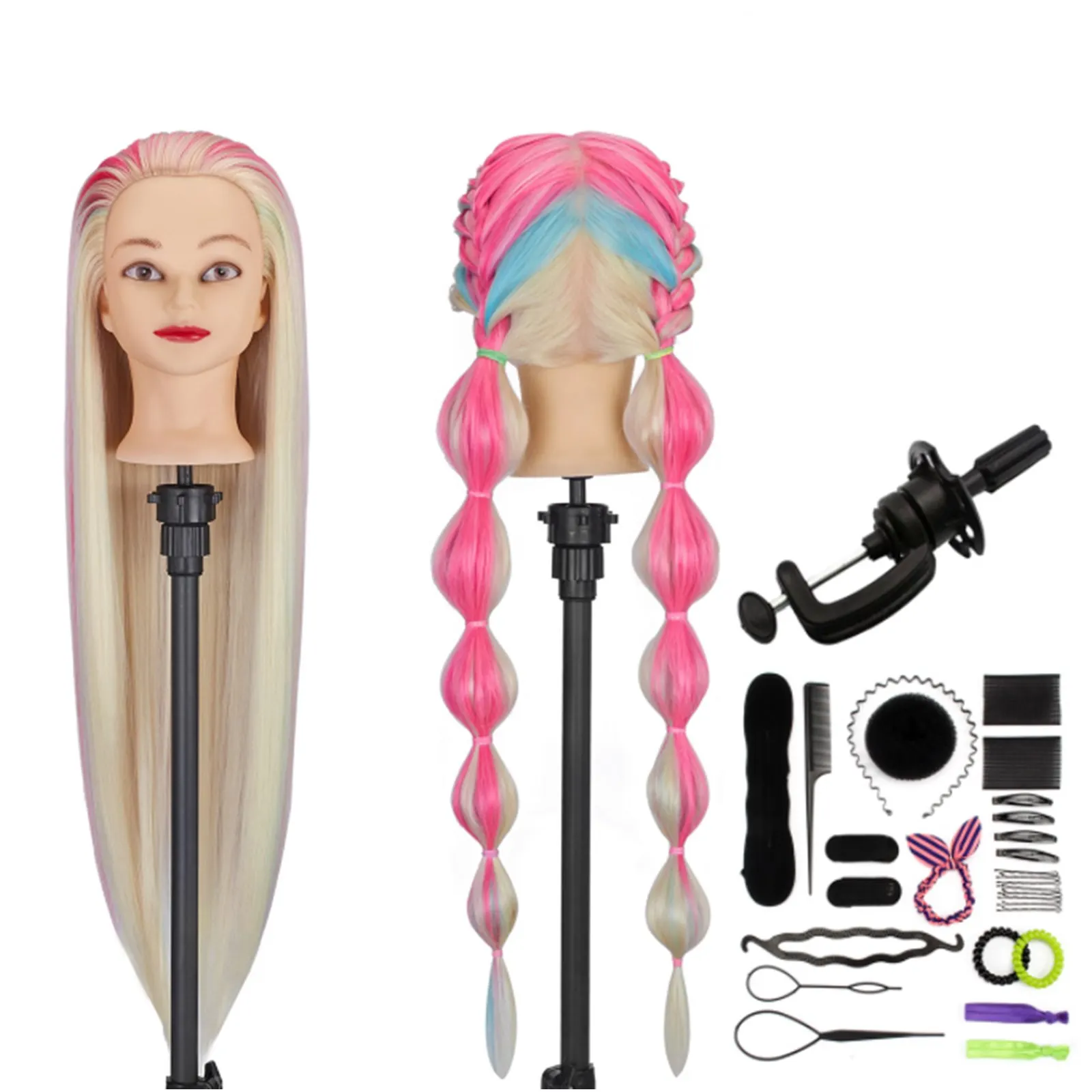 

28'' Hairdressing Rainbow Pink Hair Cosmetology Mannequin Head Hairstyles Braiding Synthetic Training Doll Manikin Heads