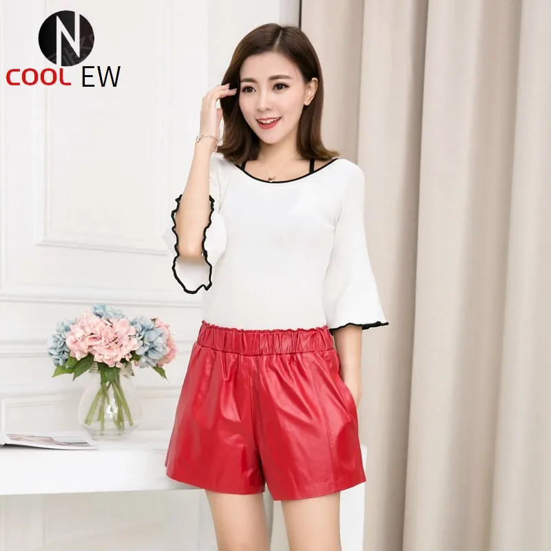 

High Quality Women Elastic Waist Wide Leg Short Pants 8 Colors Casual Streetwear Shorts Slim Fit Sheepskin Real Leather Shorts