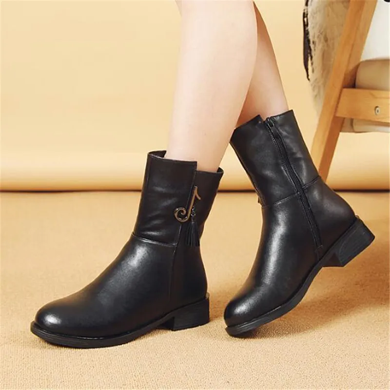 

2019 New Fashion In-tube Cowhide Wool Boots Winter Leather Boots Thick Heel Non-slip Warm Snow Boots Women Shoes Boots Black