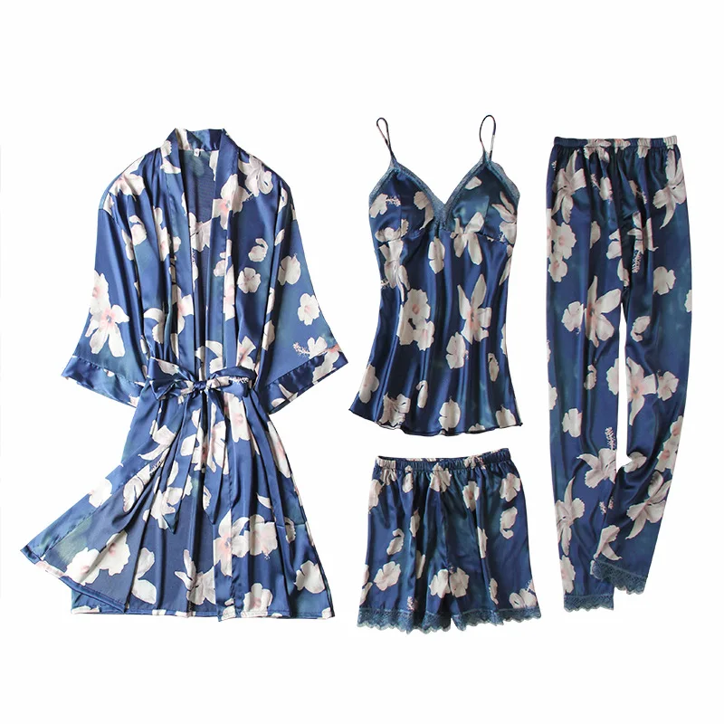 

4 Piece Pyjama Women's Pajamas Thin Ice Silk Printed Nightgown Nightdress Set Sexy With Chest Pad/Sleepwear