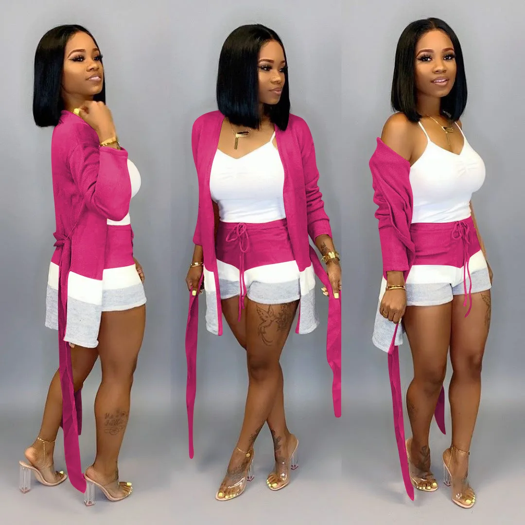 

HAOOHU Casual Two Piece Set Women Fall 2019 Clothing Long Sleeve Cardigan+Lace Up Shorts Streetwear Pink Outfit Matching Sets