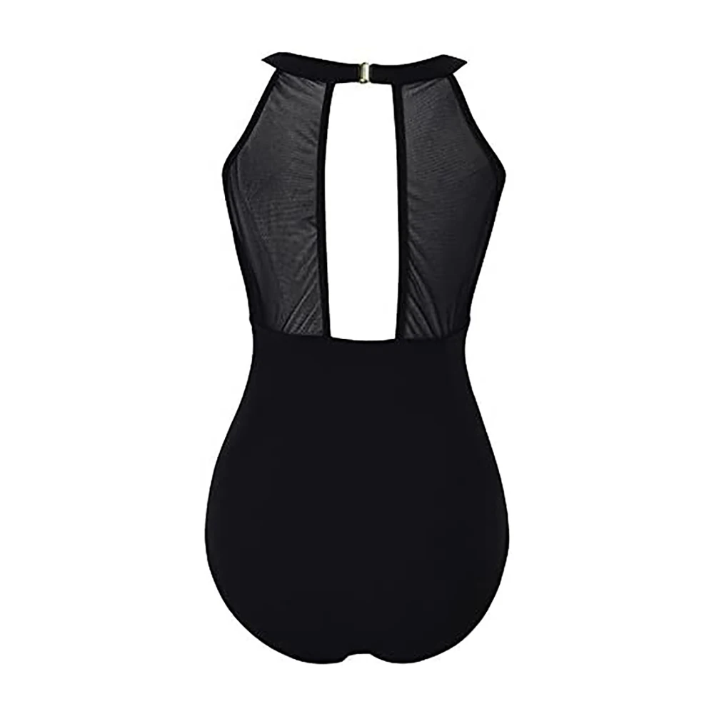 Женский слитный купальник с высоким воротом сетчатый рюшами и контролем живота