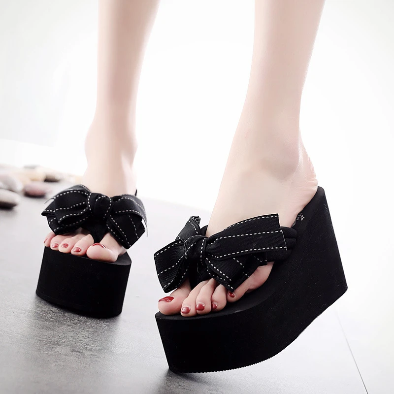 

Size 41 Flip Flops Bow Cute Home Slippers Platform Shoes for Woman Heels 11cm Home Slipper Women Pump Shoes Ciabatte Tacco New