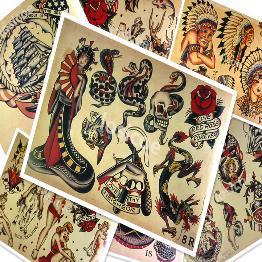 Винтажный постер из крафт бумаги с принтом татуировок 30 х42 см|Рисование и