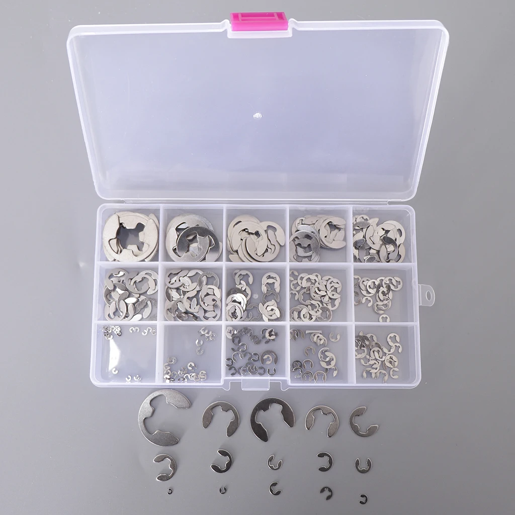 

304 Stainless Steel E-Clip External Retaining Ring Circlip Assortment 15 Size,1.2 to 15mm//225Pcs