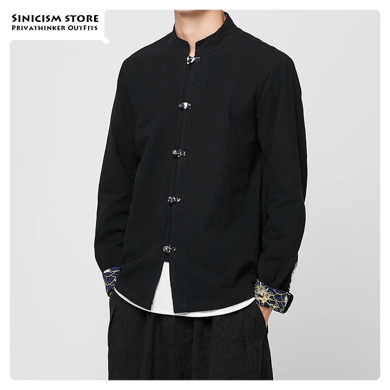 Sinicism Store мужские хлопковые льняные повседневные рубашки с пряжкой однотонные