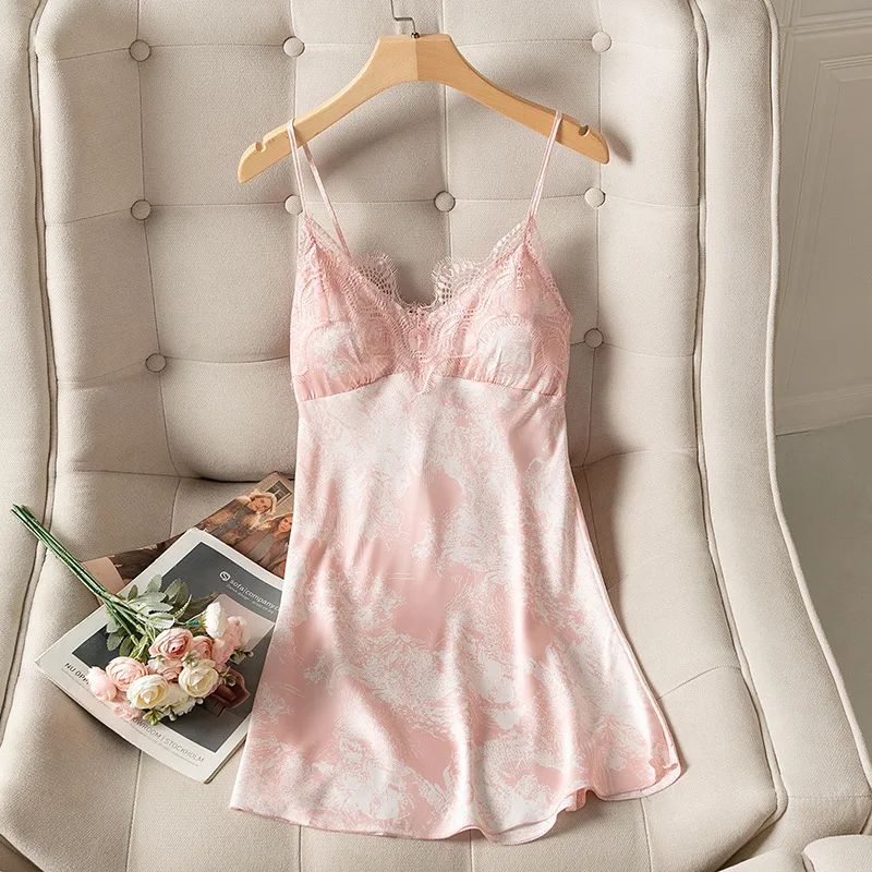 

Summer Print Nightgown Women Sleeveless Sleepwear Satin Spaghetti Strap Nightwear Femme Nightdress Lace Trim Sleep Dress