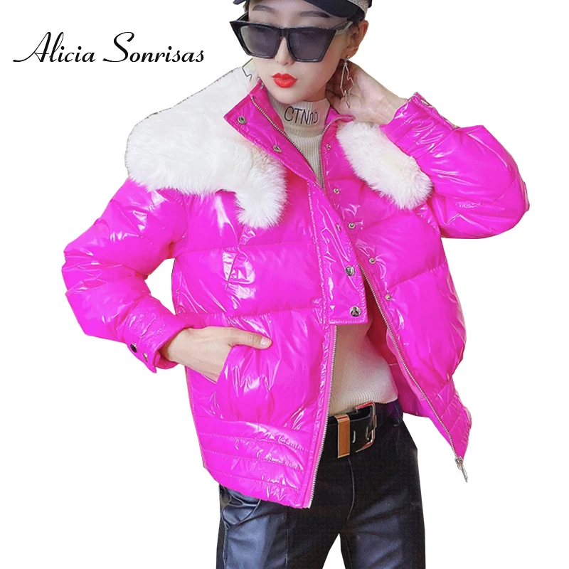 

Women Down Cotton-Padded Coat 2021 Loose Korean Style Fur Collar Bread Overcoat Glossy Bright Candy Color Winter Jacket AS888