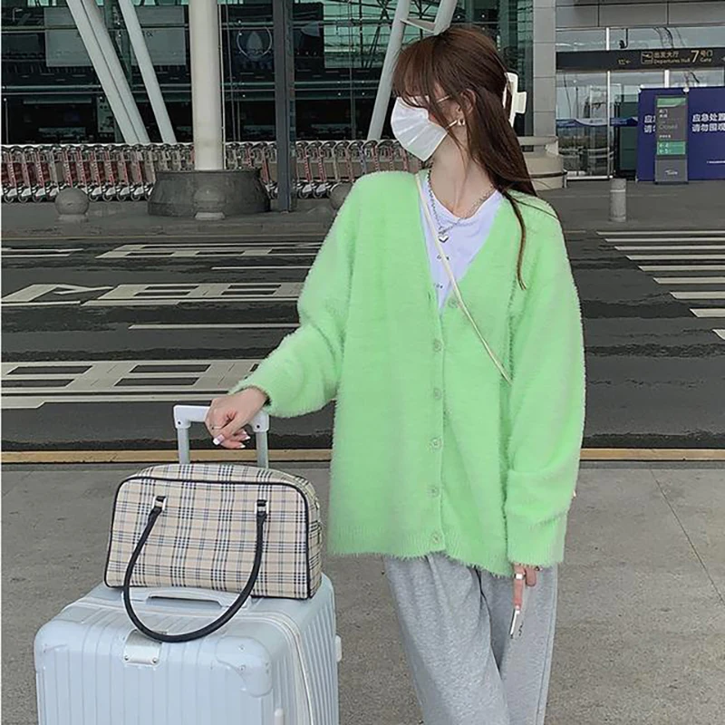 

Harajuku Casual Loose Women Knit Cardigan Top Fashion Streetwear Autumn Winter Female Plus Size Korea Green Sweater Y2k Clothes