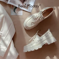 beautoday platform shoes women genuine cow leather round toe sewing lace up flats chunky sole ladies derby shoes handmade 27739