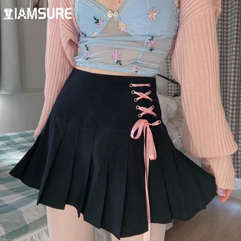 

IAMSURE Sweet Bandage Pleated Skirts Casual Cute Solid Basic High Waisted Mini Skirt Women 2021 Fashion Preppy Style Streetwear