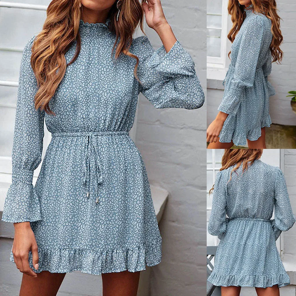 Синее женское модное свободное повседневное мини платье SAGACE с длинным рукавом и