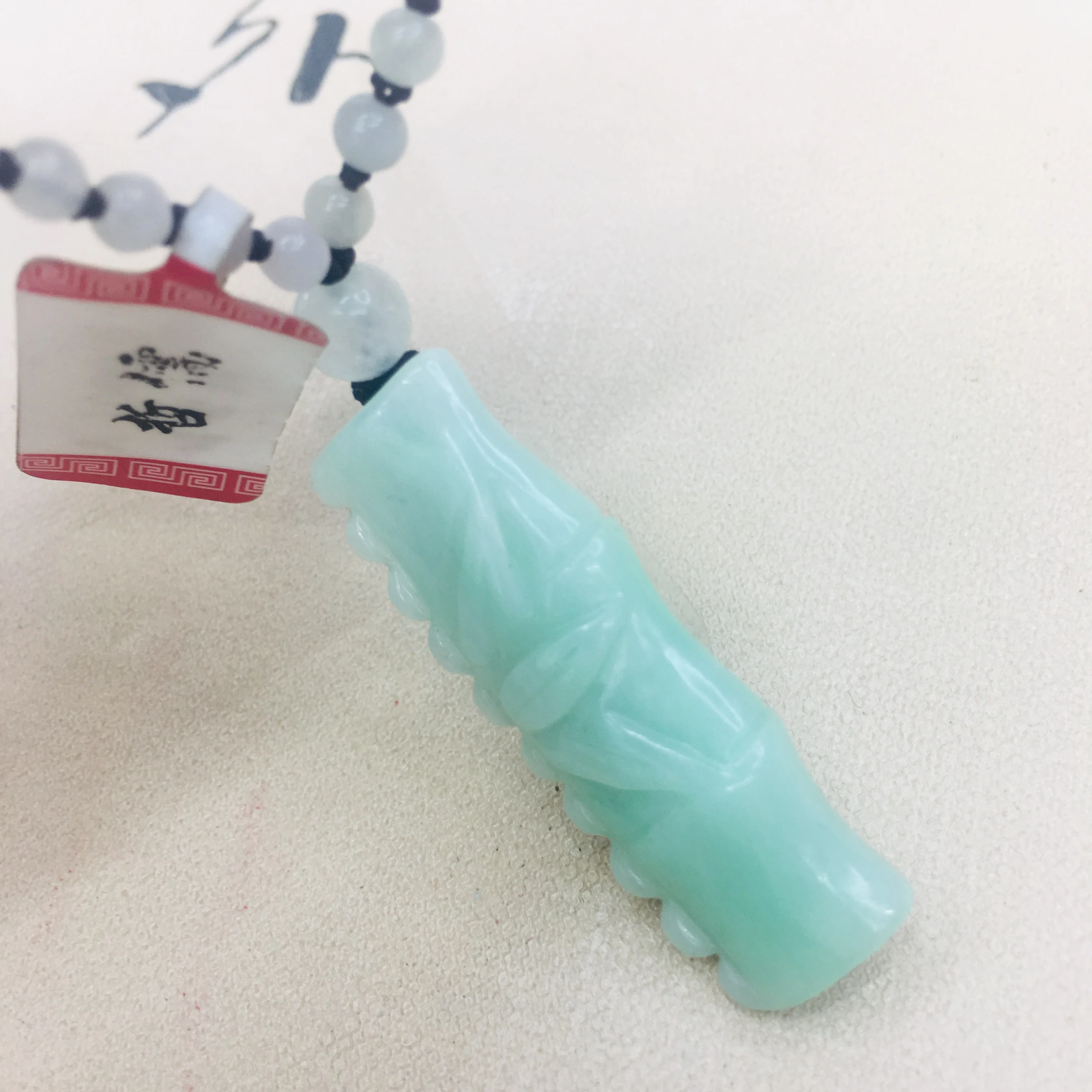 Natural Burmese Emerald Jade Carving Bamboo Pendant with Handmade Tri-Color Bead Necklace Women's Sweater Chain | Украшения и