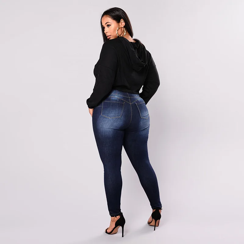 

Solid Color Jeans Women's High Waist Breasted Large Size Slim Fit Plump Girls Stretch Denim Skinny Pants джинсы