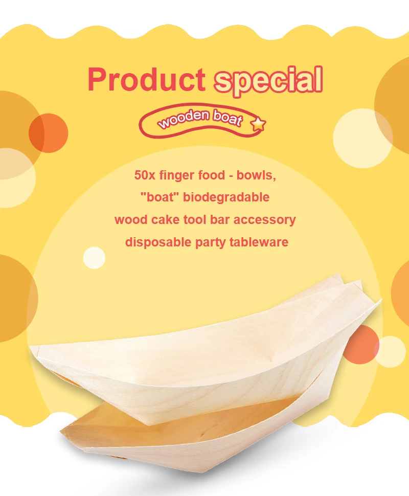 50x finger food- bowls, "boat" biodegradable wood cake tool bar accessory disposable party tableware