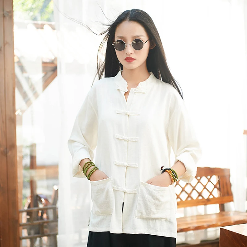 

New Women Long sleeve Pocket Shirt 2020 Autumn Chinese style Shirt Blouse Cotton Linen Vintage Casual Shirt Tai Chi Clothes