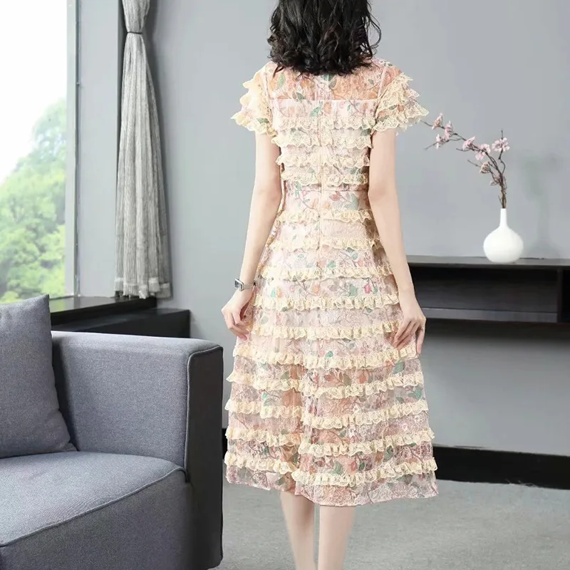 

Fashion Summer New Bow Collar Ruffle Sleeve Stitching Wooden Ear Printed Zipper A- line Dress