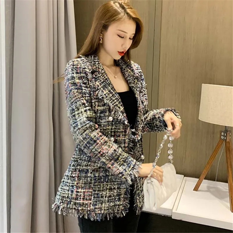 

High Waist Pearls Buttons Autumn Winter Outwear Plaid Tweed Jackets Women Notched Tassel Vintage Wool Coats Korean Elegant