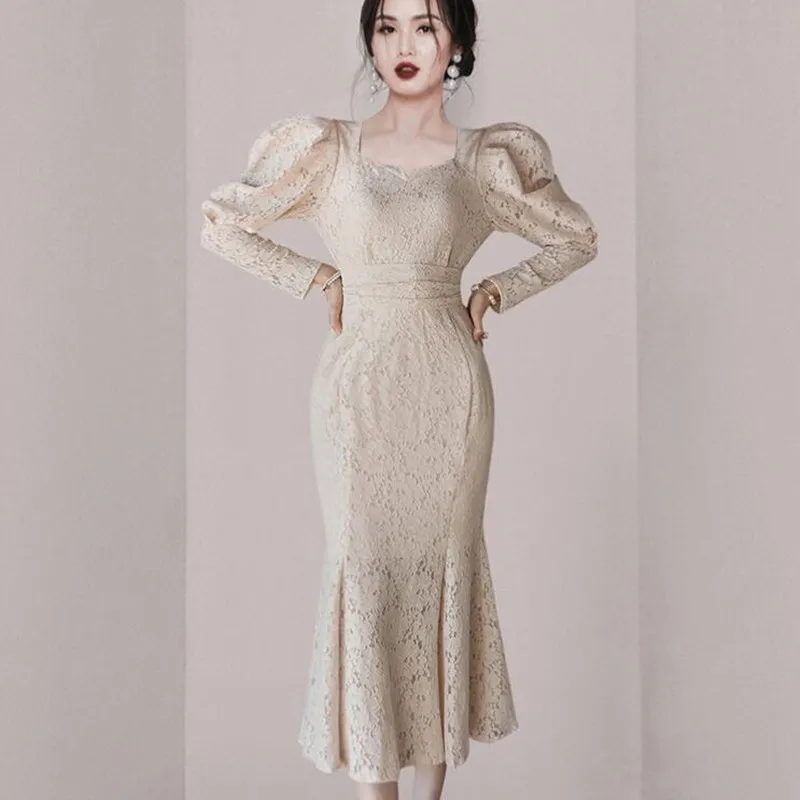 

Chic Lace Hollow Women's Mermaid Dress V-neck Long Sleeve Vintage Square Neck Dresses Korean Sashes Femme Elegant Vestidos
