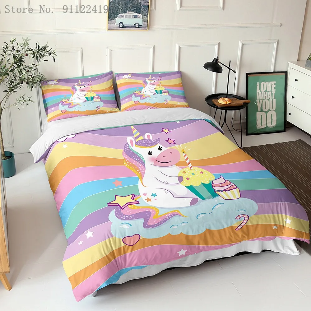 Cartoon Rainbow Unicorn Duvet Cover Single Double Bed Linen Twin Full Queen King Size Bedding Set Kids Adult Quilt | Дом и сад