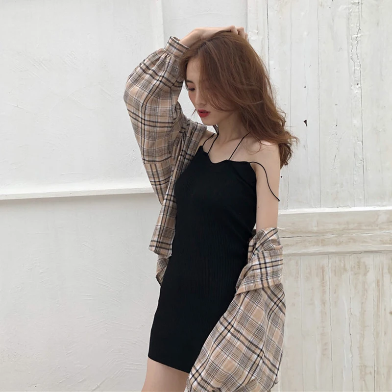 Женская винтажная рубашка Mazefeng однотонная Свободная в клетку Повседневная с