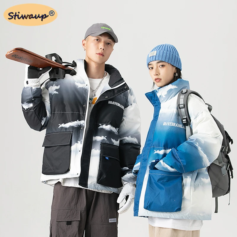 

Мужской зимний Яркий пуховик для мужчин и женщин, модные пальто с воротником-стойкой и принтом, мужские зимние ветрозащитные легкие стеганы...