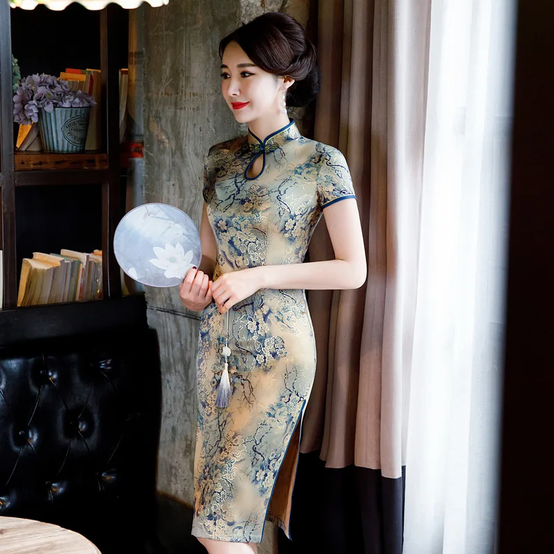 

Novelty Print Flower Elegant Women Qipao Sexy Tight Short Cheongsam Chinese Traditional Classic Mandarin Collar Plus Size Dress
