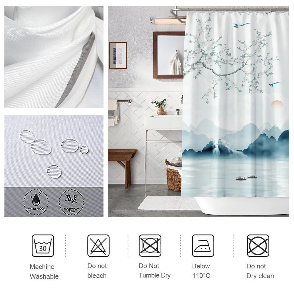 Занавеска для душа в китайском ландшафтном стиле водонепроницаемая моющаяся