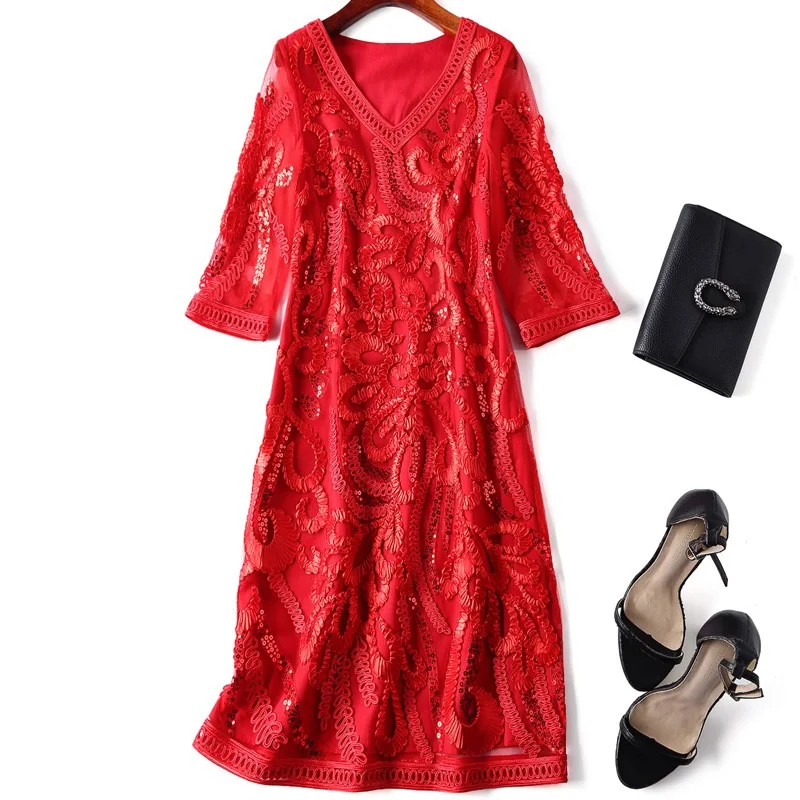 

Party Elegant Red Dresses 2021 Spring Summer Club Evening Sexy Dress Women V-Neck Sequined Embroidery Bodycon Dress Vestido 4XL