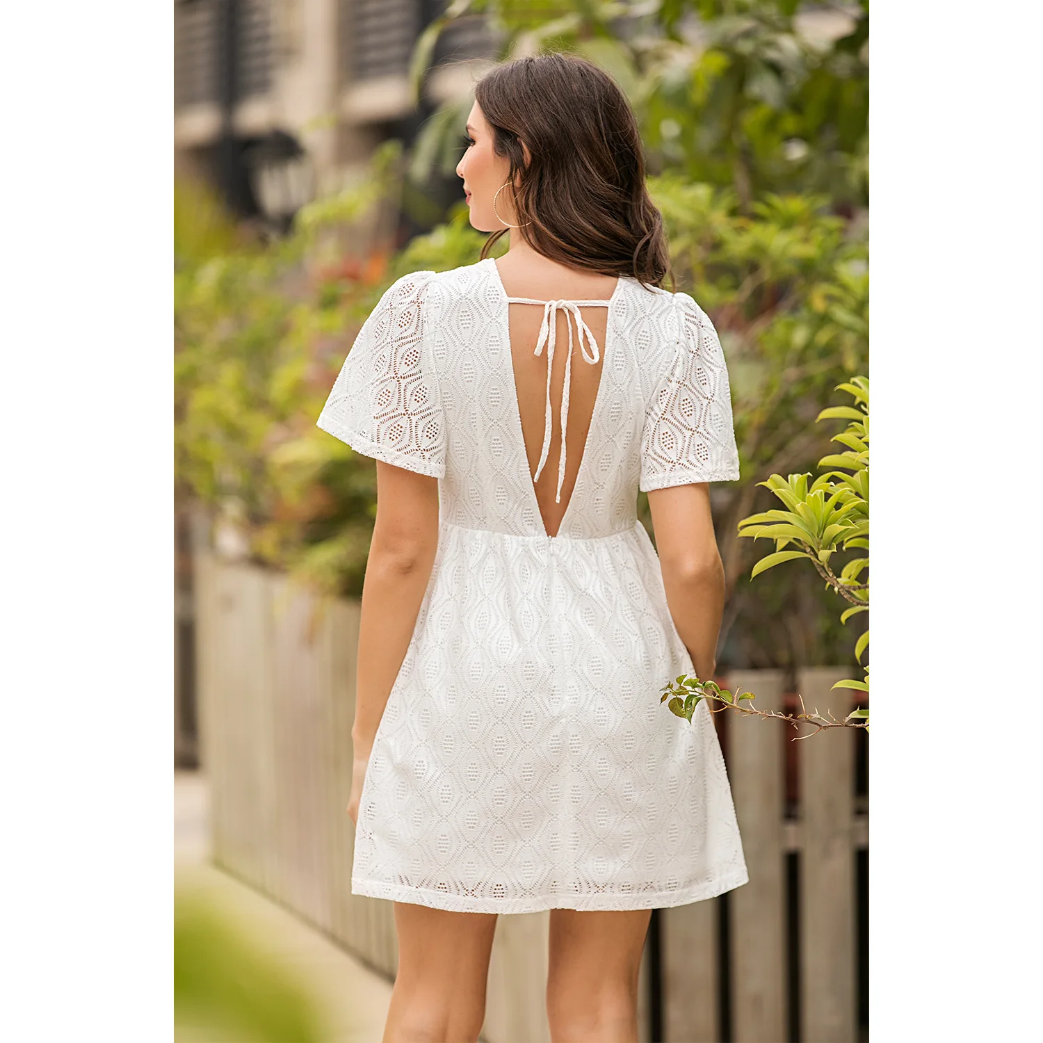

Sexy Women's Dress V-Neck Hollow Out Short Sleeve White Dress Elegant Solid Color Boho Woman Dresses Casual Lace Vestido Summer