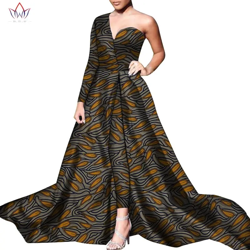 2pcs BazinRiche African One Shoulder Dresses and Pant Set Dashiki African Dresses for Women African Clothes Dress Trouser WY6055