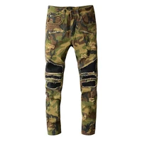2021 new mens army green camouflage color personality jeans leisure slim stitching tooling locomotive wind denim trousers