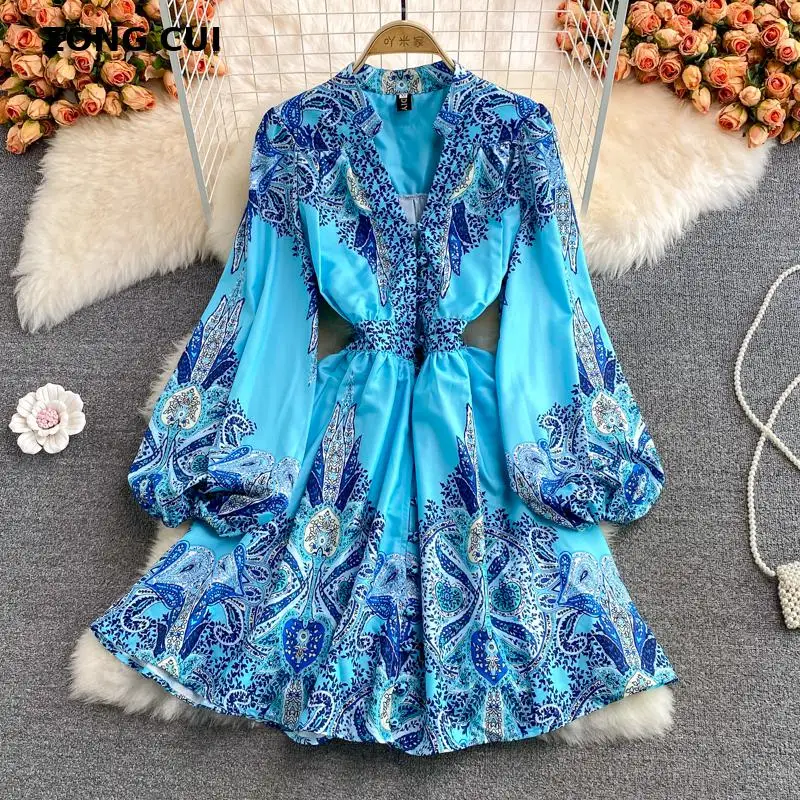 

Короткое платье с богемным принтом, женское весенне-осеннее Новое однобортное платье-трапеция синего цвета в стиле ретро с V-образным вырез...