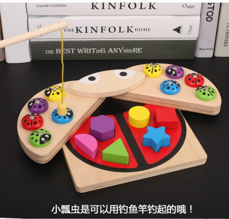 

Baby Wooden Magnetic Fishing Toy Ladybug Geometric Shape Wood Children Early Education Toys Fishing Toys For Children Gifts