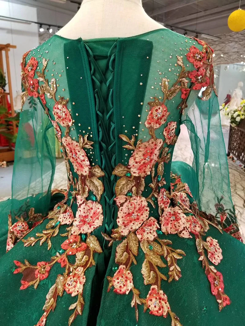 

BGW 22529ht Green Party Dresses Lace Color Flowers O Neck Evening Dress Long 100cm Train Wholesale Prom Dresses For Ladies