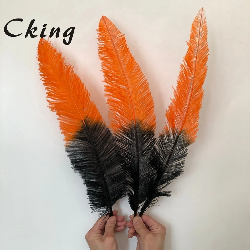 Online Großhandel Zwei Ton Straußen Feder Orange Top Mit Schwarzen Boden Nandu Strauß Plumas 45-50CM 18-20