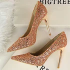 2021 женские пикантные блестящие туфли-лодочки на высоком тонком каблуке 9,5 см; Женские свадебные туфли на шпильке золотого, серебряного, красного цвета; Большие размеры