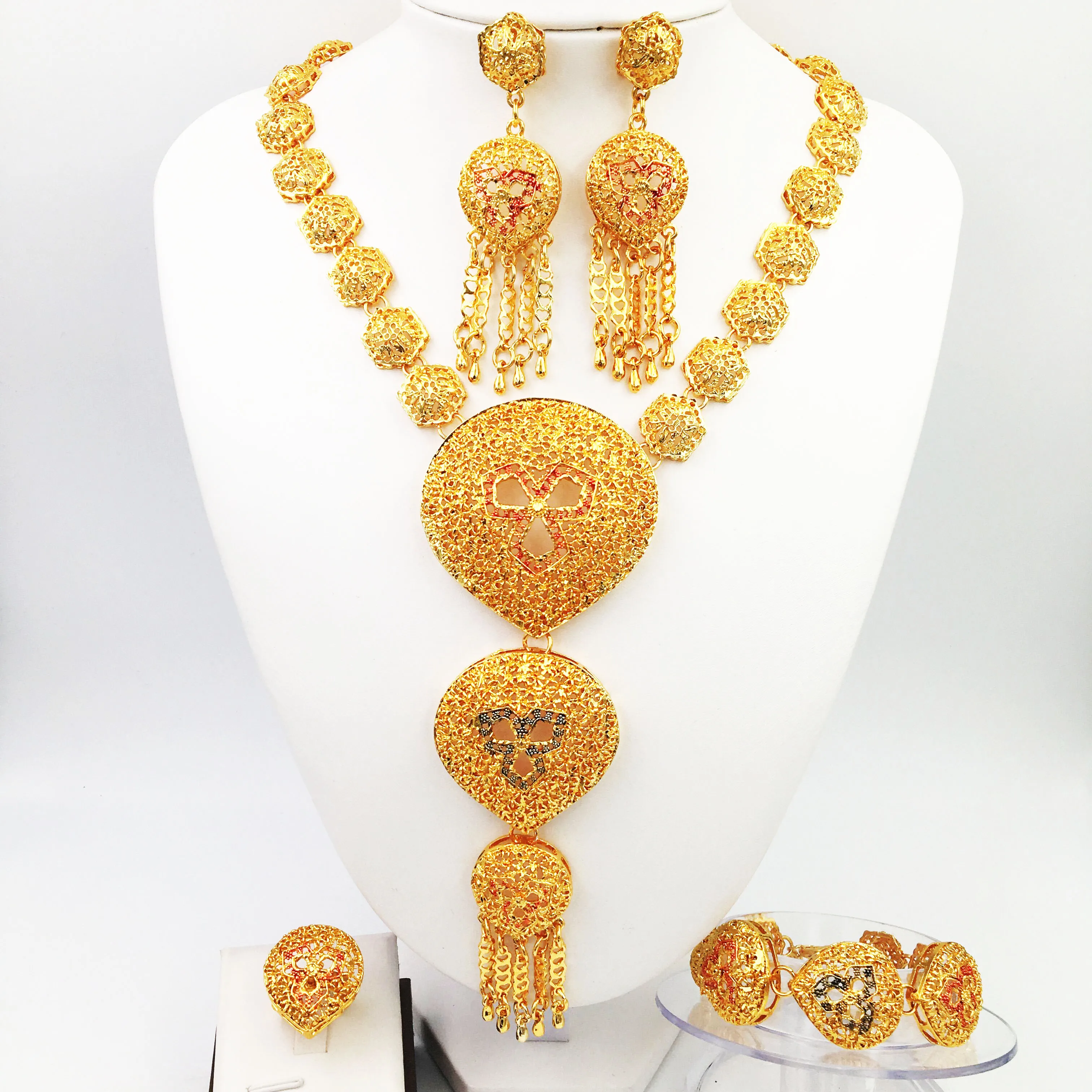 

Hot style African beads wedding jewelry set dubai gold-color Nigeria classic zircon Necklace women Bangle Earring Ring