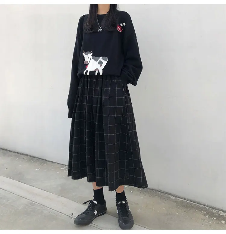 

2 colors japanese style high elastic waist Long Skirts Woman 2019 autumn winter plaid A-line pleated Skirts womens (X1078)