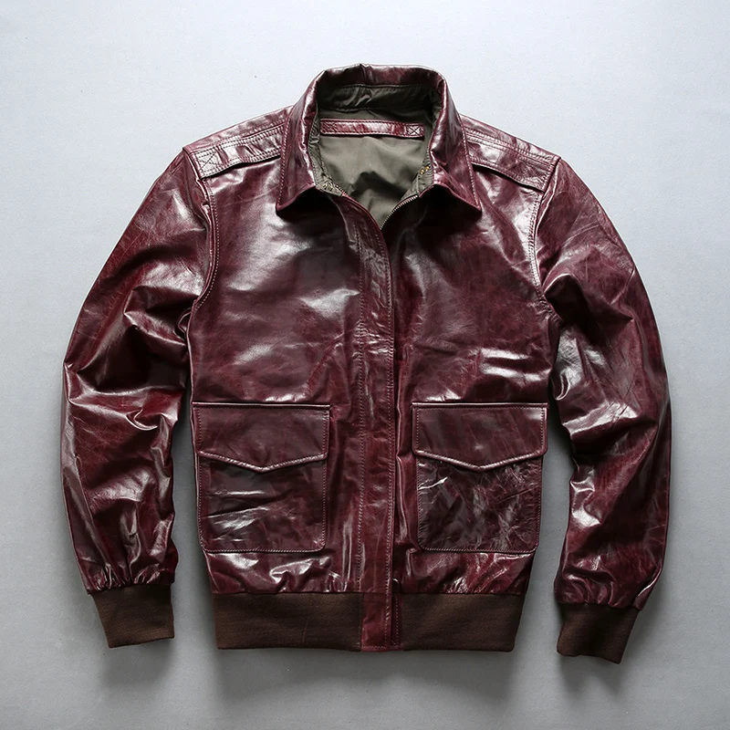 

Men AVIREXFLY New Fuchsia Cow Genuine Leather Air force Jacket Casual Oil wax Cowhide A2 Pilot Jackets Winter Coats