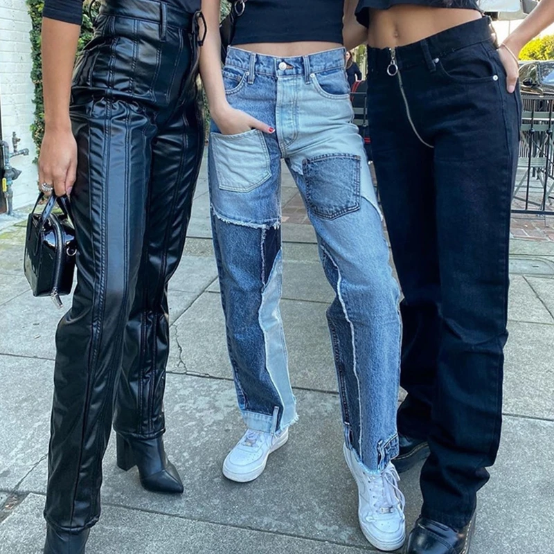 

Women High Waist Gradient Color Block Jeans Irregular Pocket Patchwork Denim Pants Harajuku Hip Hop Straight Trousers