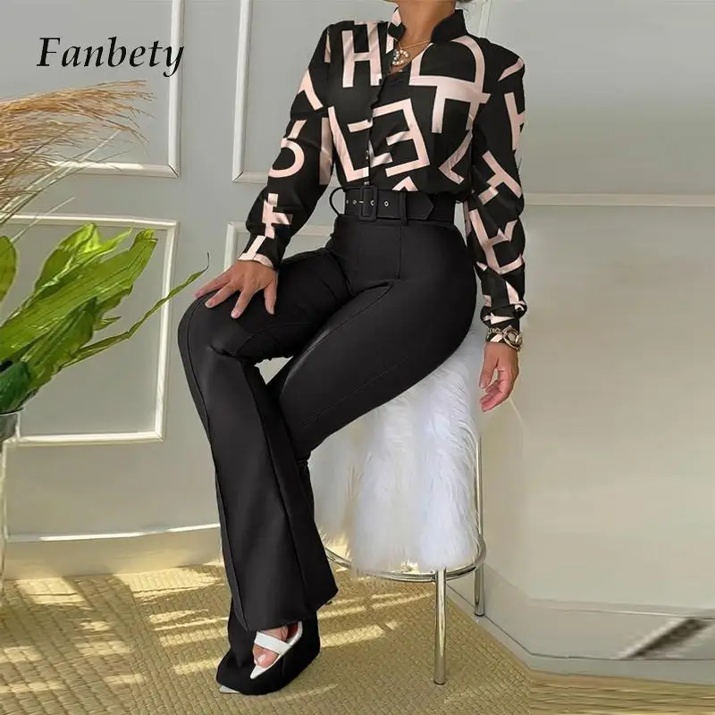 

Женский Повседневный офисный комплект из двух предметов, Элегантная блузка на пуговицах с воротником-стойкой и однотонные брюки с высокой ...