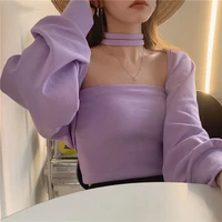 top shawl long sleeved cardigan jacket two piece ins tide fashion suit womens early autumn short paragraph inner vest tube top
