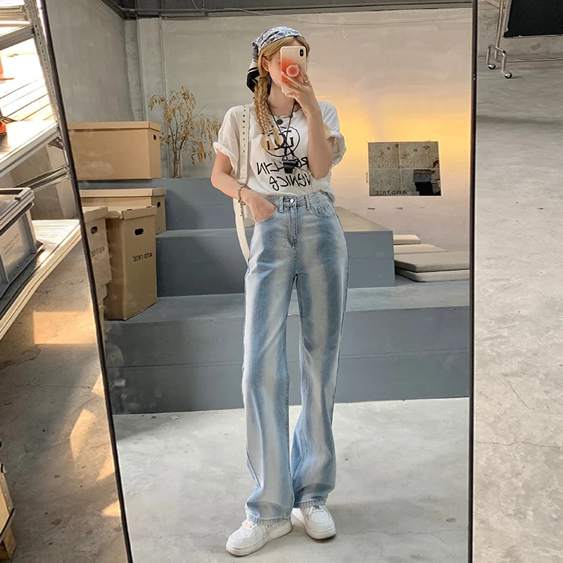 

Новые женские джинсы летние прямые свободные градиентные широкие универсальные крутые джинсы с высокой талией для девушек модные джинсы Ins