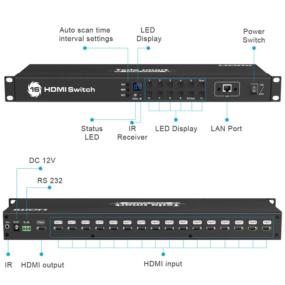 Tesla smart HDMI переключатель Switch стоечный видео Аудио 16 порт HDMI Коммутатор 16 input 1 output Поддержка 3840*2160/4K