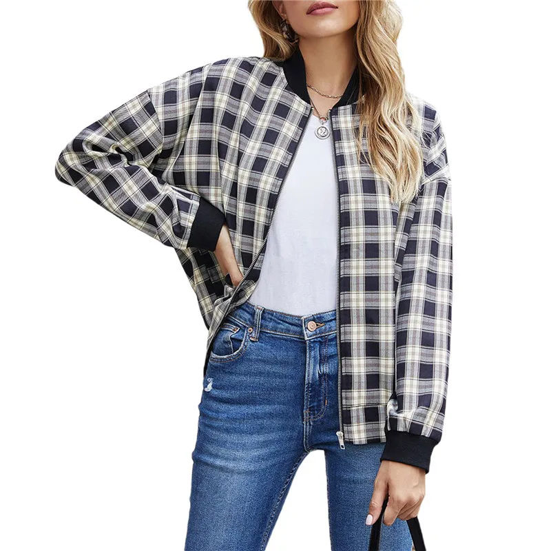 

Women Fashion Plaid Print Bomber Jacket Casual Long Sleeve Zip Up Loose Coat With Pockets Autumn Short Jackets Streetwear