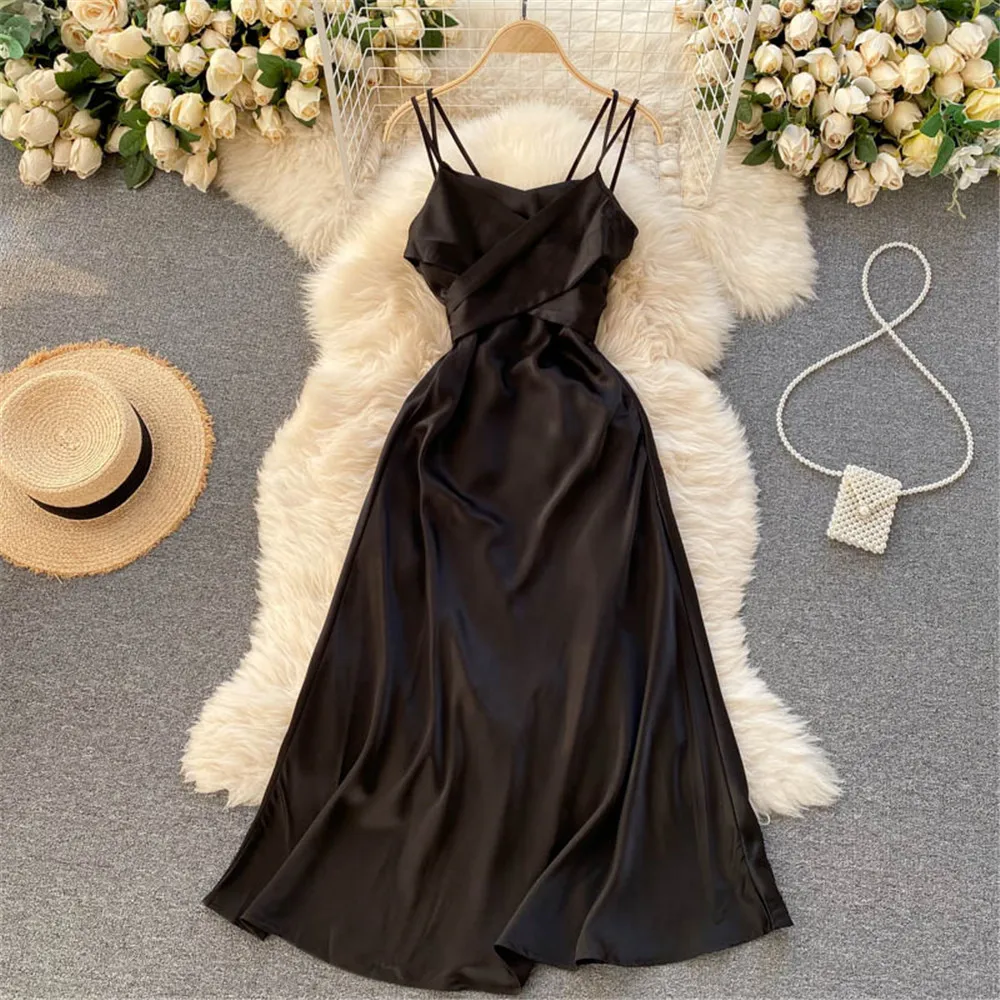 

Women Sexy Satin Evening Dress Summer Off Shoulder High Waist Party Long Dresses Female Elegant Beach Robe Vestidos 2021