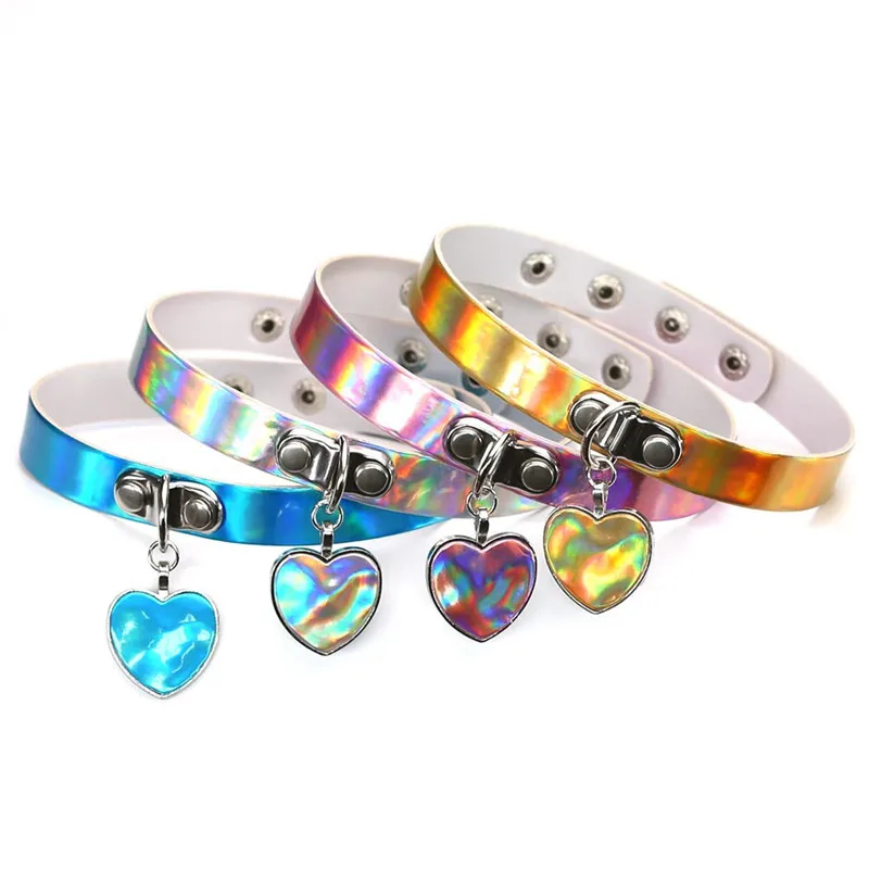 

Egirl Laser Glitter Heart Pendant Night Club Choker Necklace Women Girl Punk Gothic Sexy Leather Choker Fashion Party Jewelry