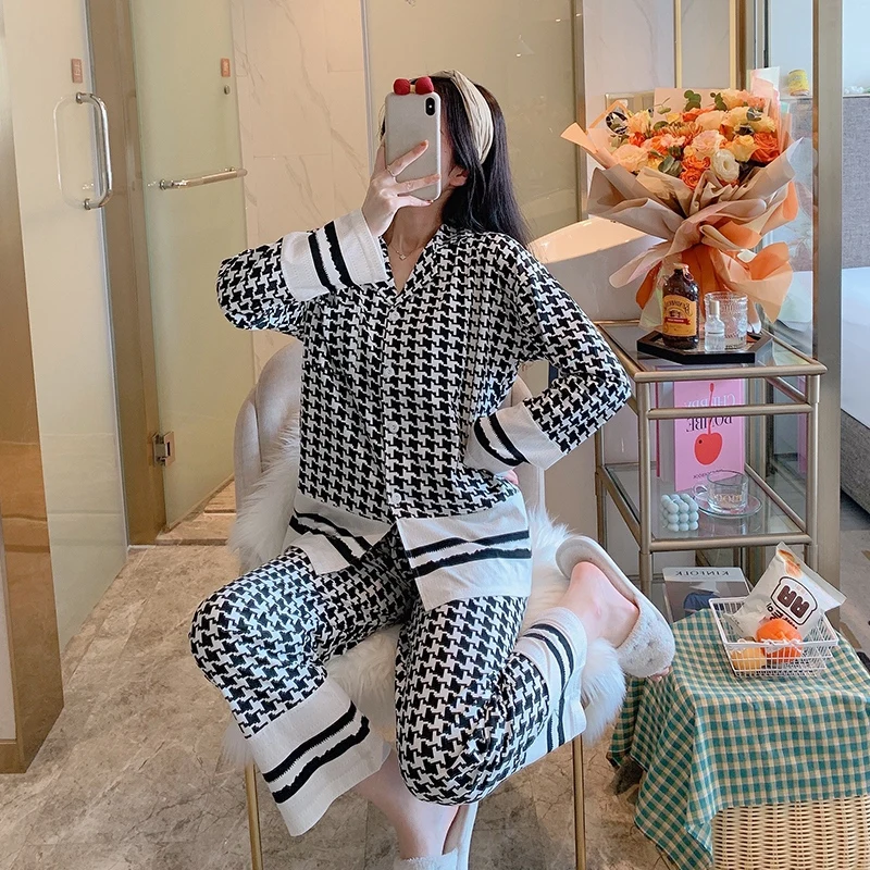 

2021 Spring Autumn Long Sleeve Cotton Pajama Set for Women Korean Print Sleepwear Suit Pyjama Homewear Pijama Mujer Home Clothes